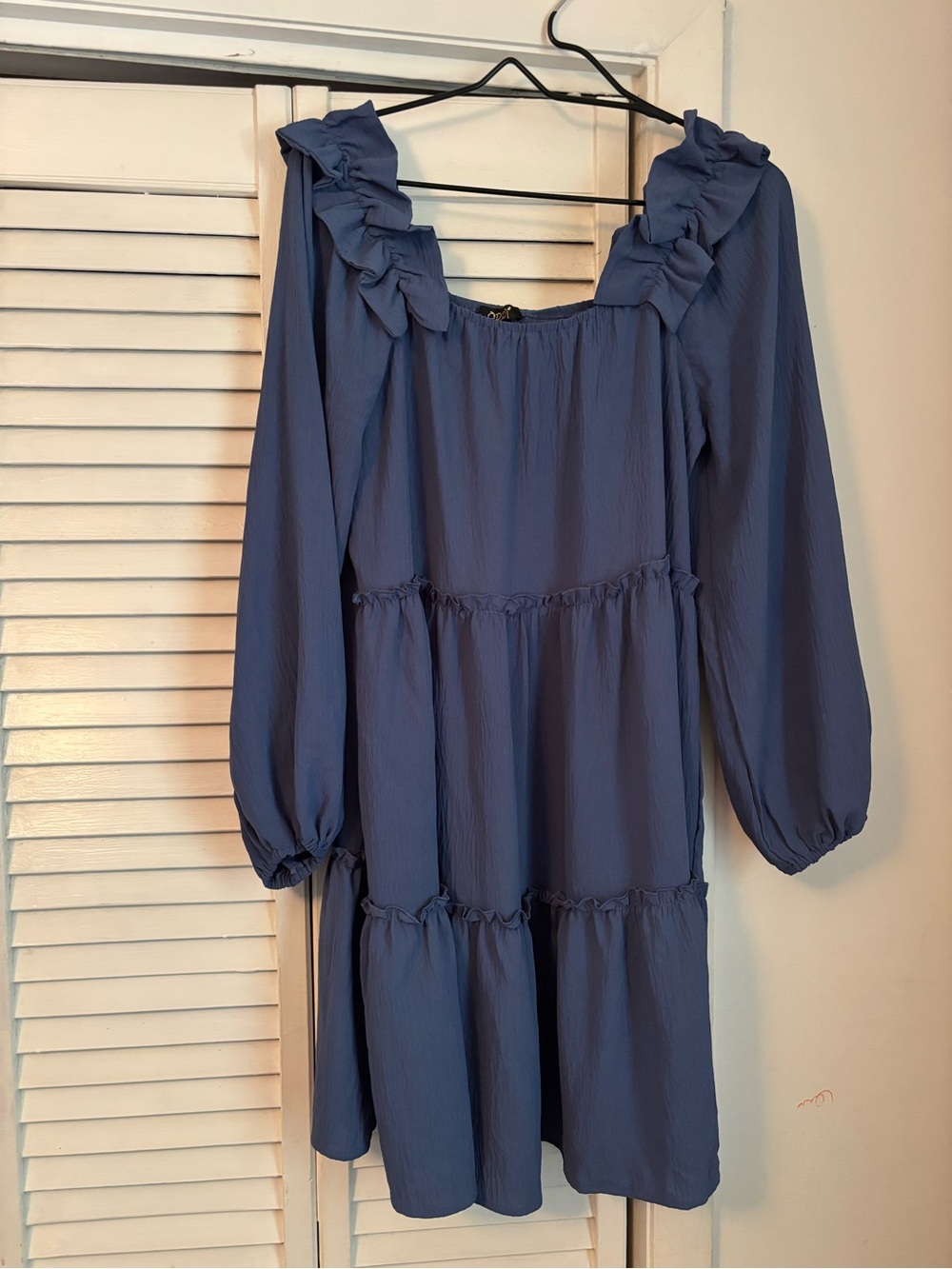 Women’s Slate Blue Ruffle Square-Neck Long Sleeve Dress